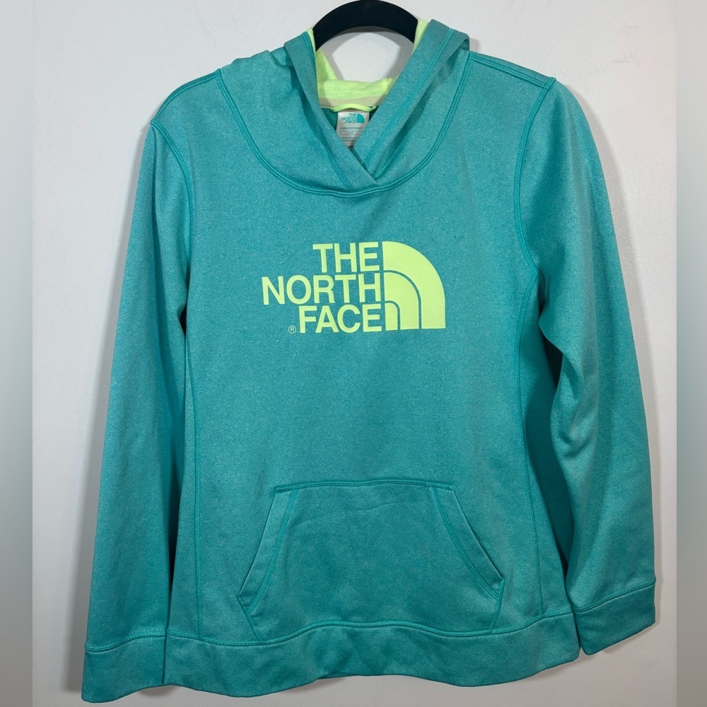 The North Face Womenโs Hoodie Large Teal Aqua Pullover Logo Sweatshirt
